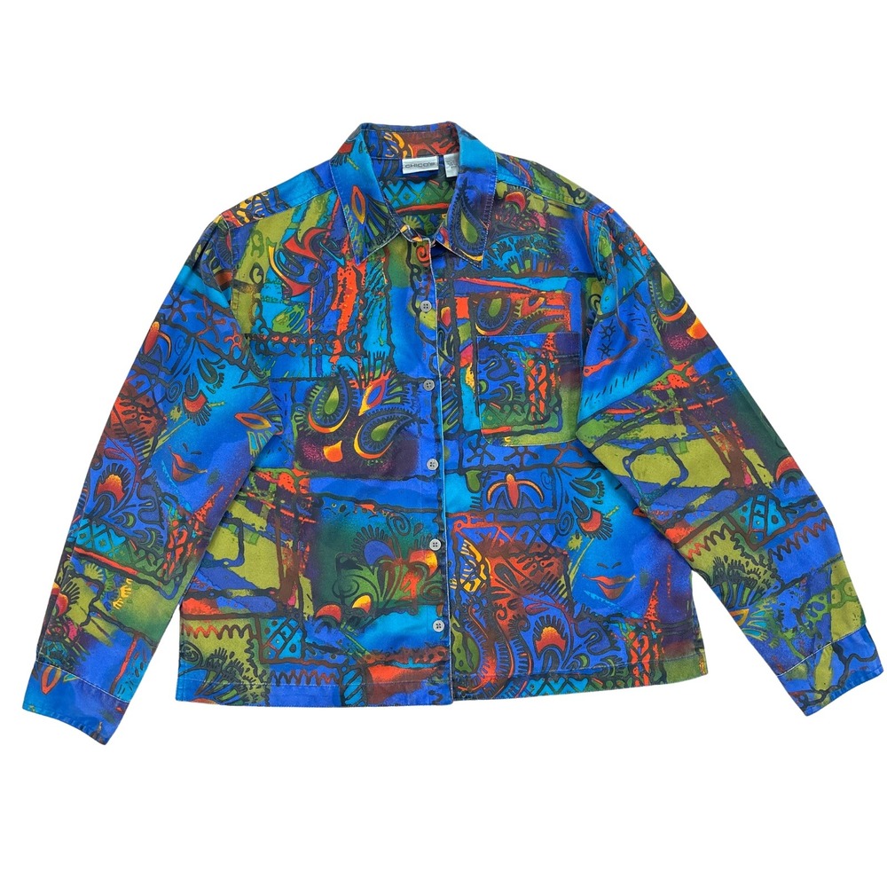 Chicos Womens Art to Wear Abstract Button Down Long Sleeve Shirt Top Spring Sz M